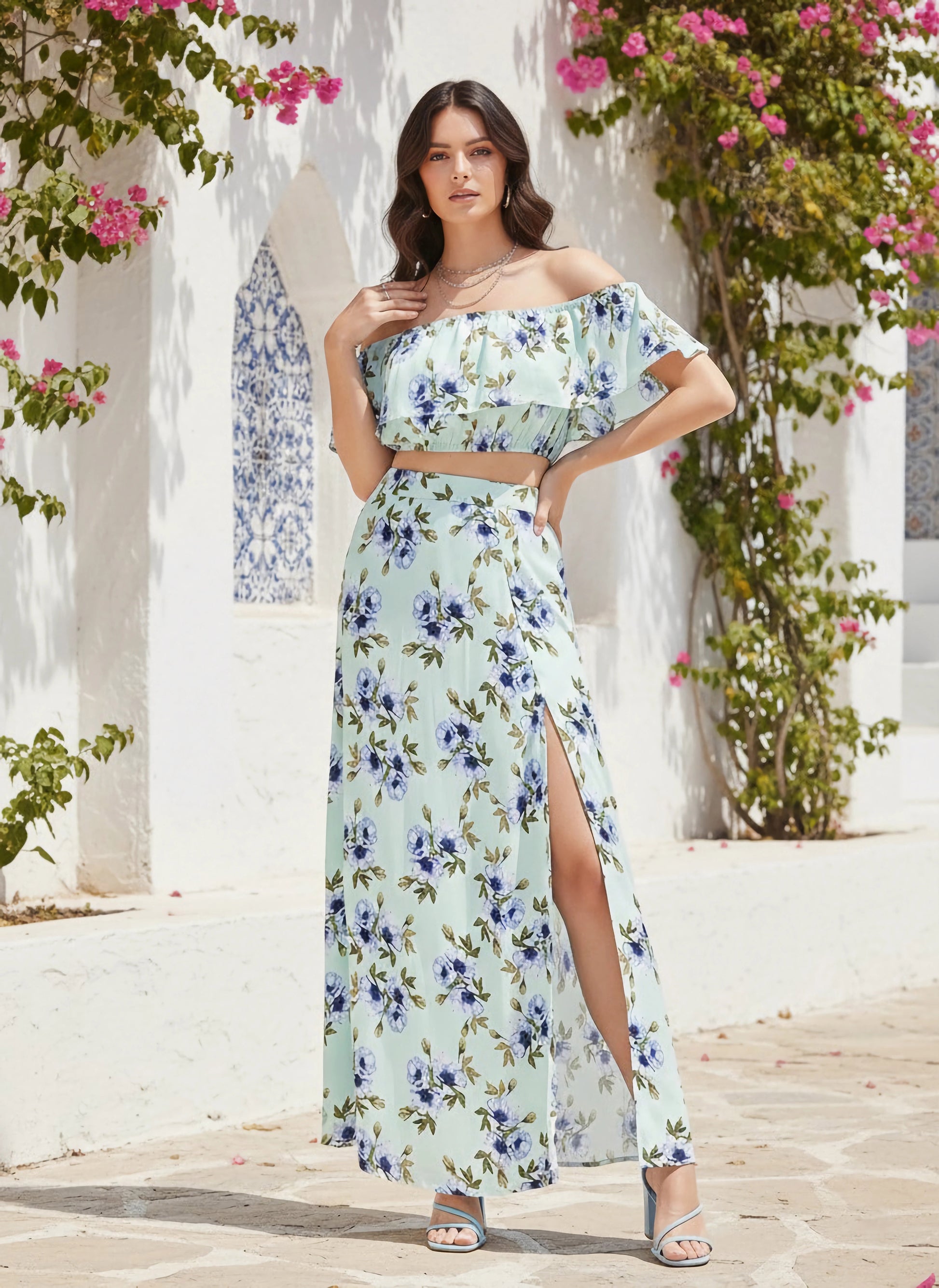 knee length dresses for ladies Women Light Green Floral Print Layered Co-Ordinate Maxi Dress