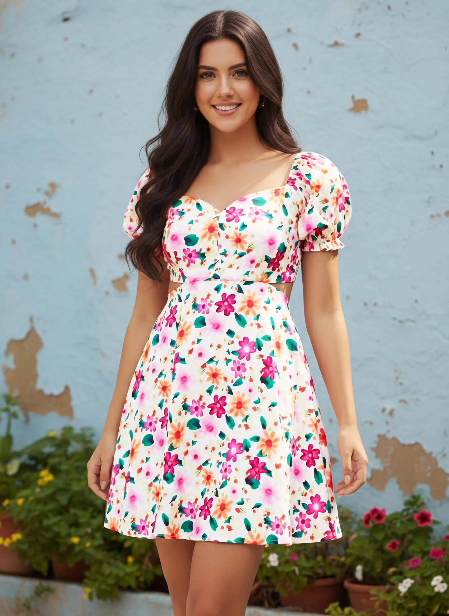 White & Pink Floral Printed Sweetheart Neck Puff Sleeves Cutout Waist Straight Hem Fit & Flare Mini Dress