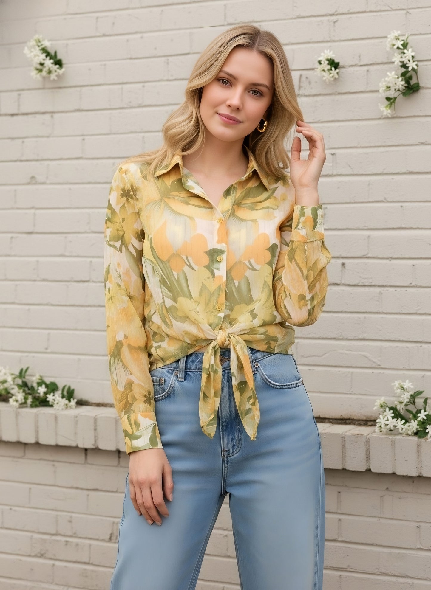 Berrylush Women Yellow Floral Print Spread Collar Long Sleeve Regular Shirts