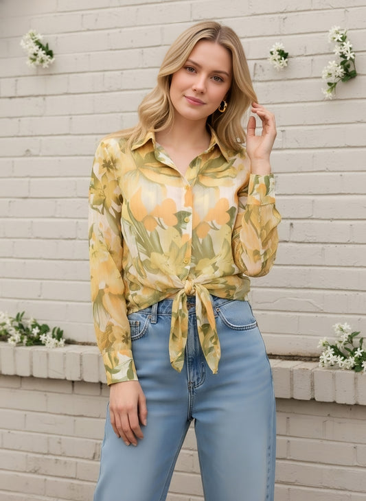 Berrylush Women Yellow Floral Print Spread Collar Long Sleeve Regular Shirts