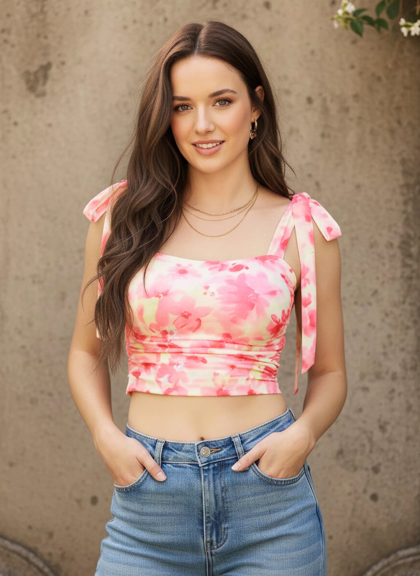 Berrylush Women Pink Floral Print Shoulder Straps Fitted Crop Top