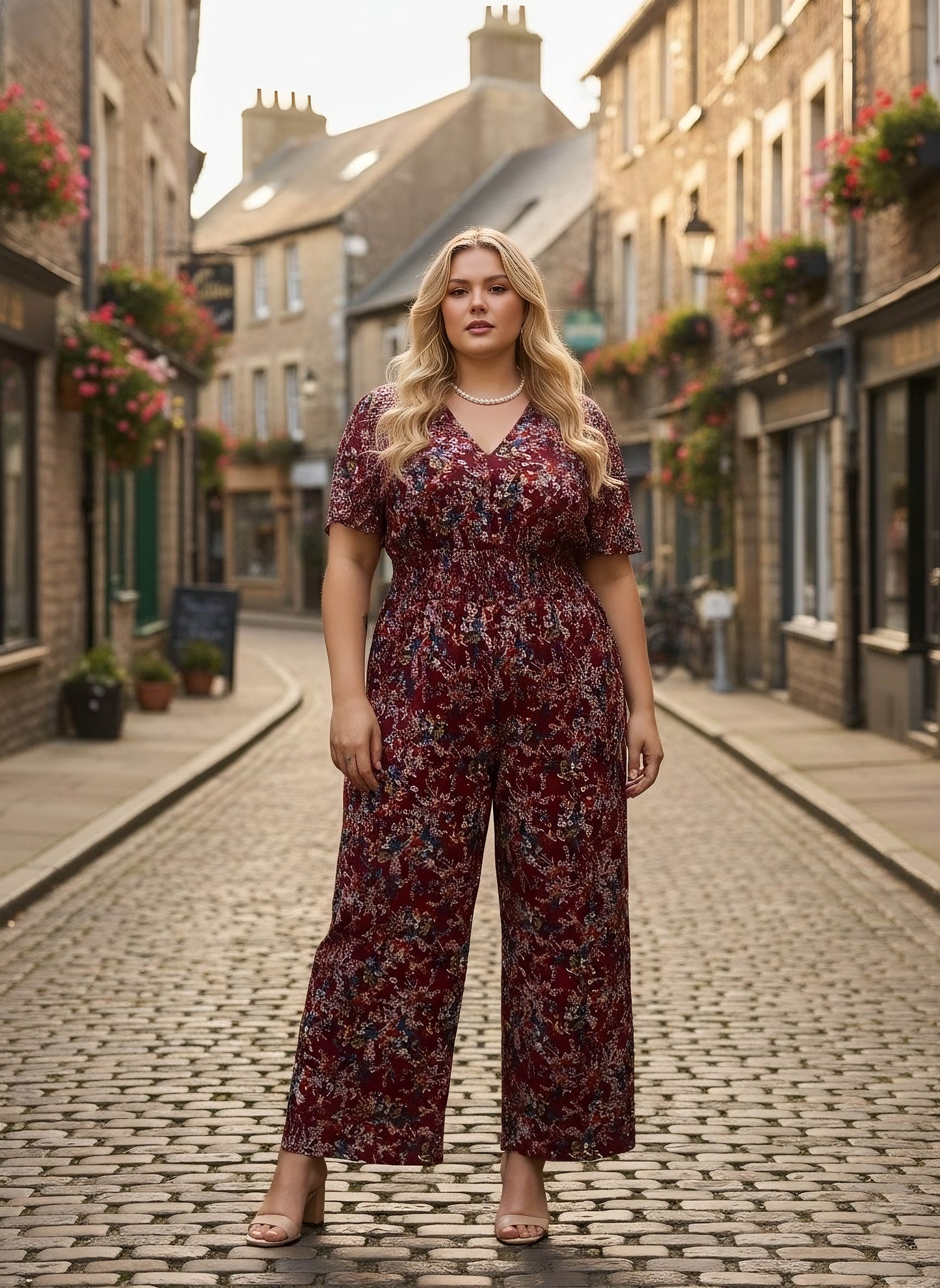 Berrylush Curve Women Maroon & Blue Floral Printed V-Neck Back Keyhole Smocked Maxi Jumpsuit