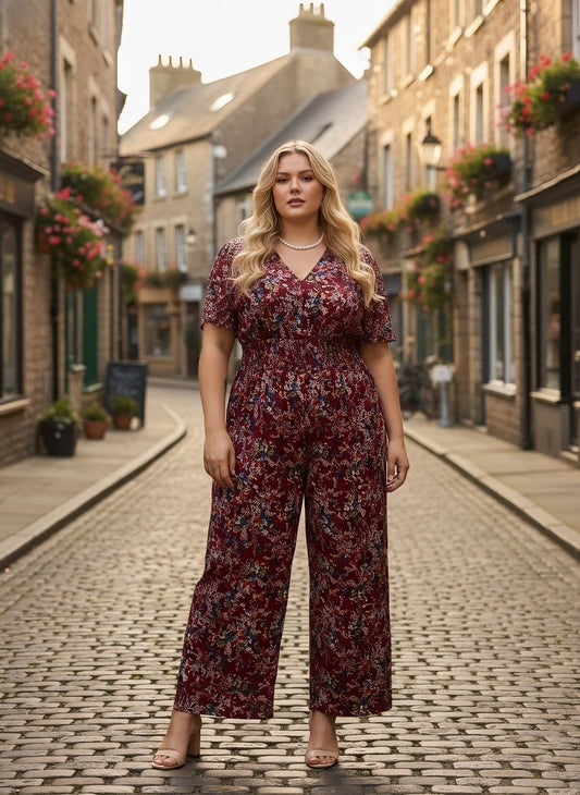 Berrylush Curve Women Maroon & Blue Floral Printed V-Neck Back Keyhole Smocked Maxi Jumpsuit