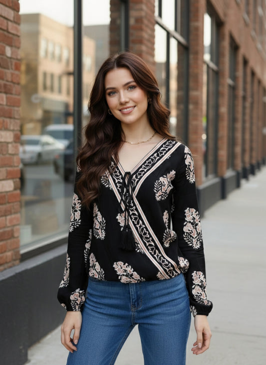 Berrylush Women Black & Pink Floral Printed V-Neck Front Tie-Up Cotton Wrap Top