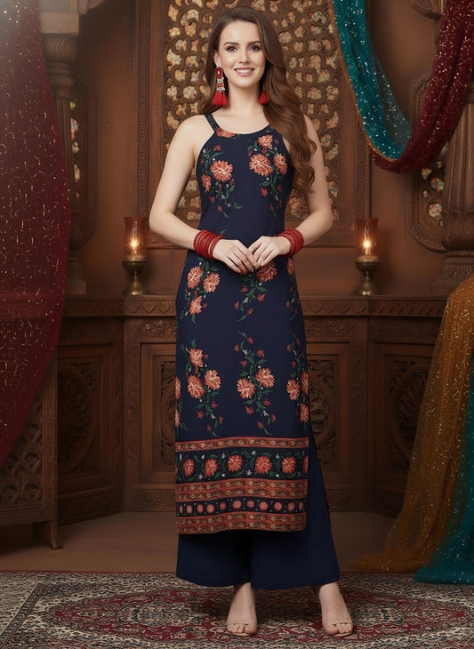Berrylush Women Navy Blue & Orange Floral Printed Scoop-Neck Side-Slit Straight Kurta
