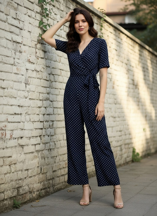 Berrylush Women Navy Blue & White Polka Dot Printed Shawl Neck Culotte Jumpsuit