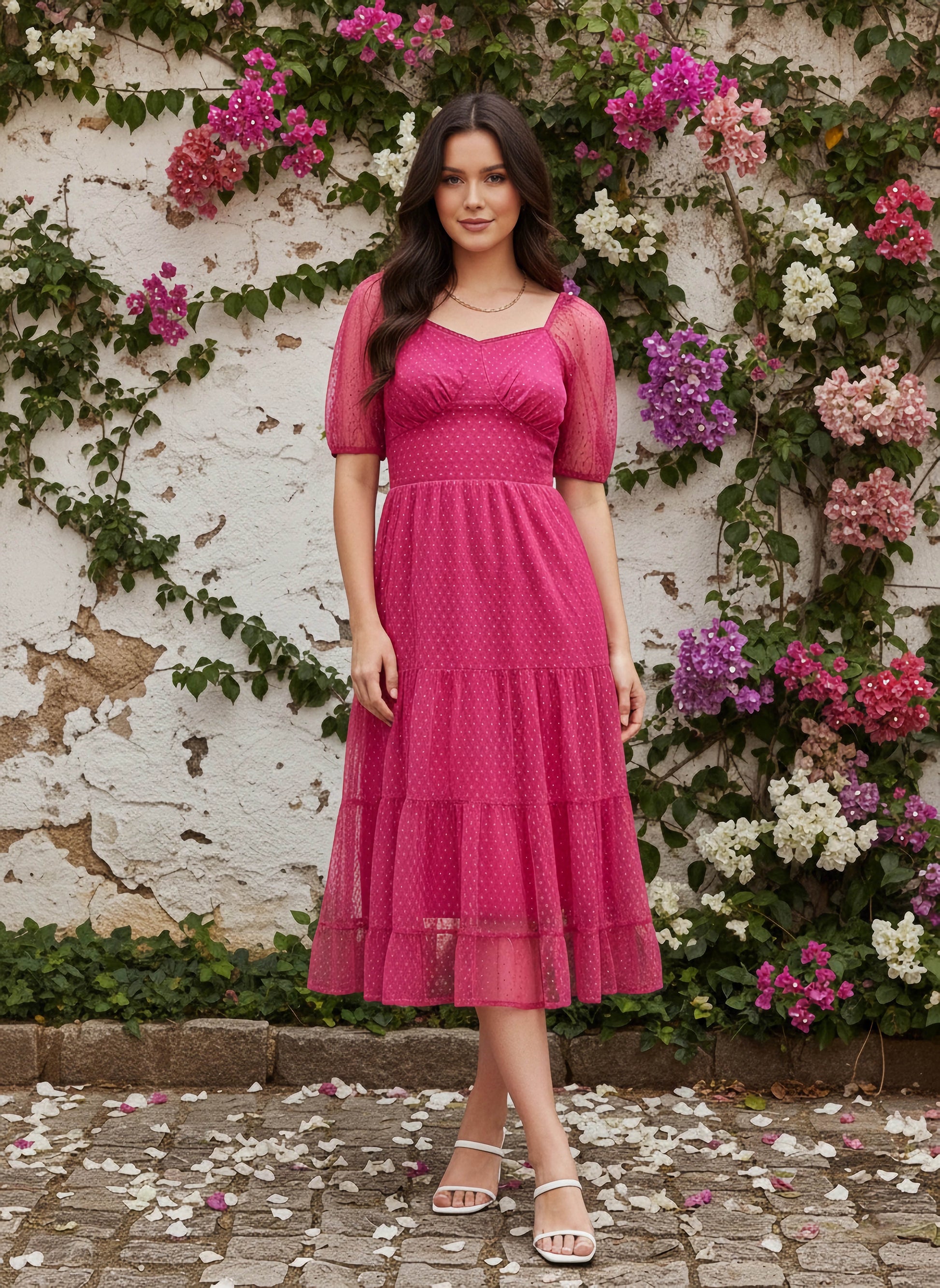 Women Solid Pink Dobby Weave Sweetheart Neck Backless Tie-Up Flounce Hem  Pleated A-Line Midi Dress
