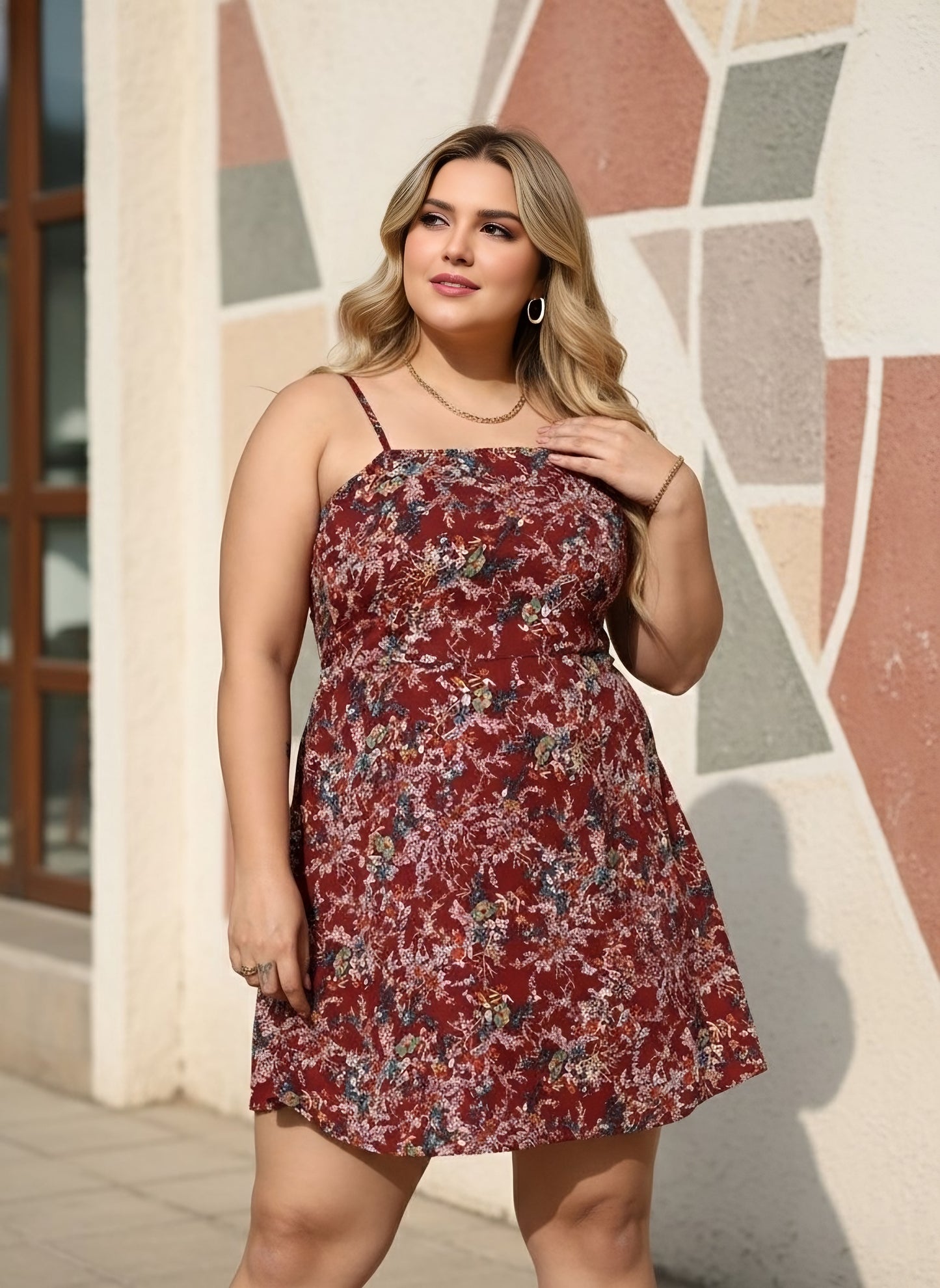 Berrylush Women Plus Size Maroon & White Floral Printed Square Neck Sleeveless Crepe Fit & Flare Mini Dress