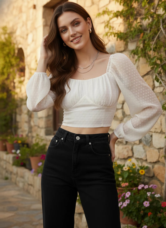 Berrylush Women Solid White Dobby Weave Sweetheart Neck Georgette Semi-Sheer Pleated Empire Crop Top