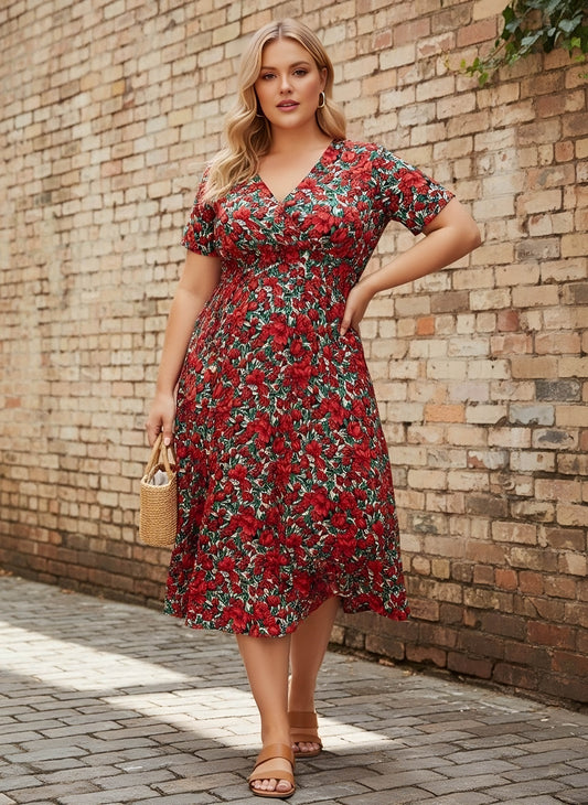 Berrylush Women Plus Size Red & Green Floral Printed V-Neck Crepe Flared Wrap Midi Dress