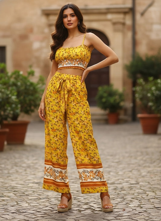 Berrylush Women Yellow & White Floral Printed Round Neck Waist Tie-Up Crop Top & Wide-Leg Trousers Set