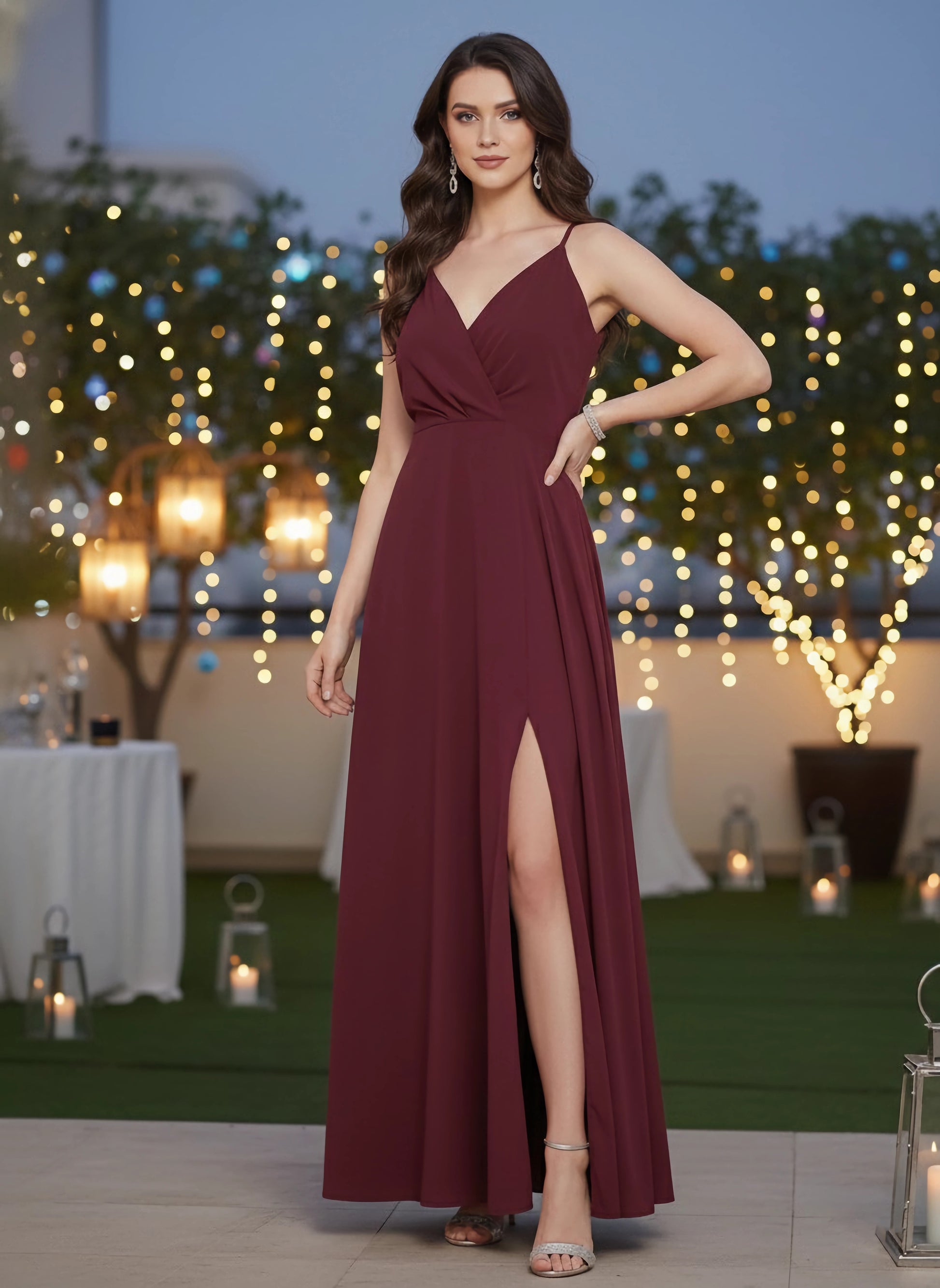 Women Solid Maroon V-Neck Sleeveless Crepe Thigh-High Slit A-Line Maxi Dress 