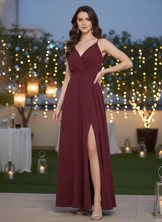 Berrylush Women Solid Maroon V-Neck Sleeveless Crepe Thigh-High Slit A-Line Maxi Dress