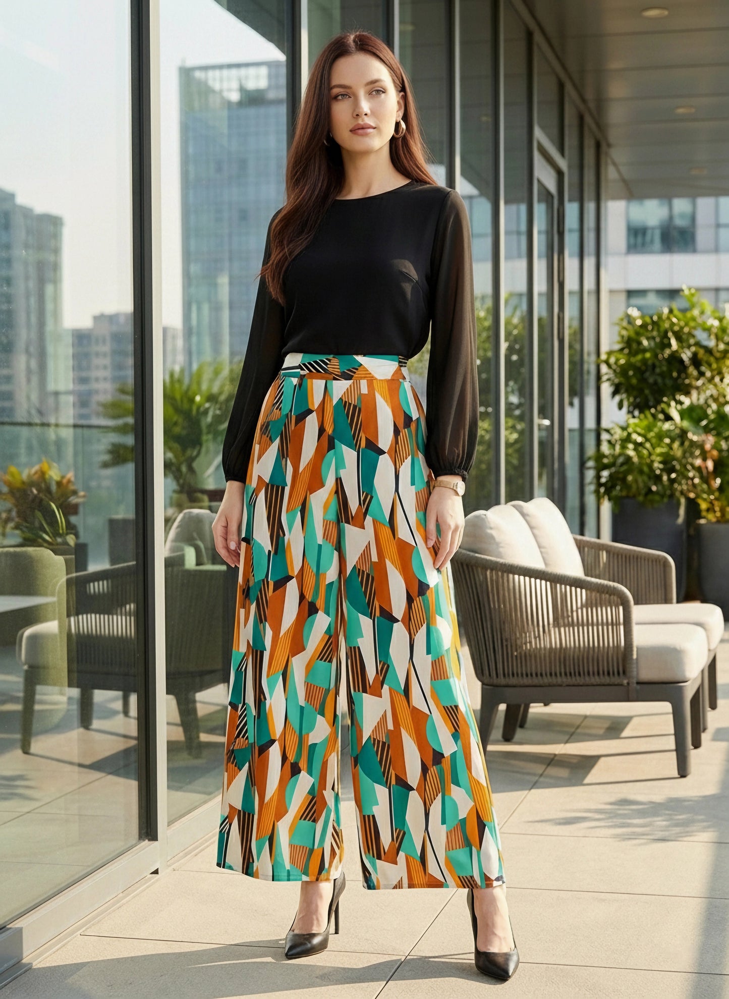 BIZwear Multicolour Geometric Printed High-Rise Waist Slip-On Regular Parallel Trousers