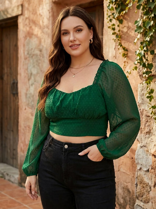 Plus Size Solid Green Dobby Weave Sweetheart Neck Puff Sleeve Georgette Smocked Crop Top