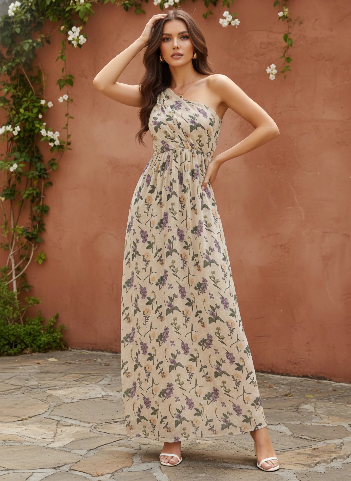 Beige Floral Printed Dobby Weave One-Shoulder Neck Sleeveless Flared Maxi Dress