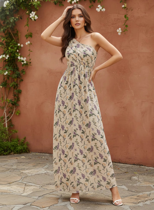 Berrylush Women Beige Floral Printed Dobby Weave One-Shoulder Neck Sleeveless Flared Maxi Dress