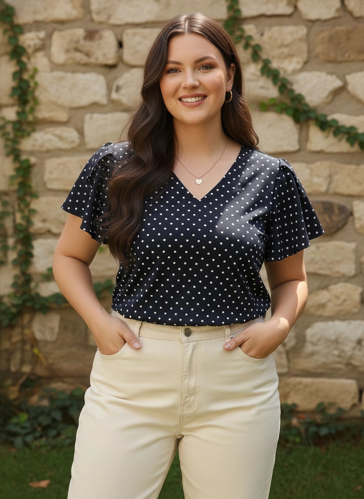 Berrylush Women Plus Size Navy Blue & White Polka Dot Printed V-Neck Flutter Sleeve Crepe Regular Top