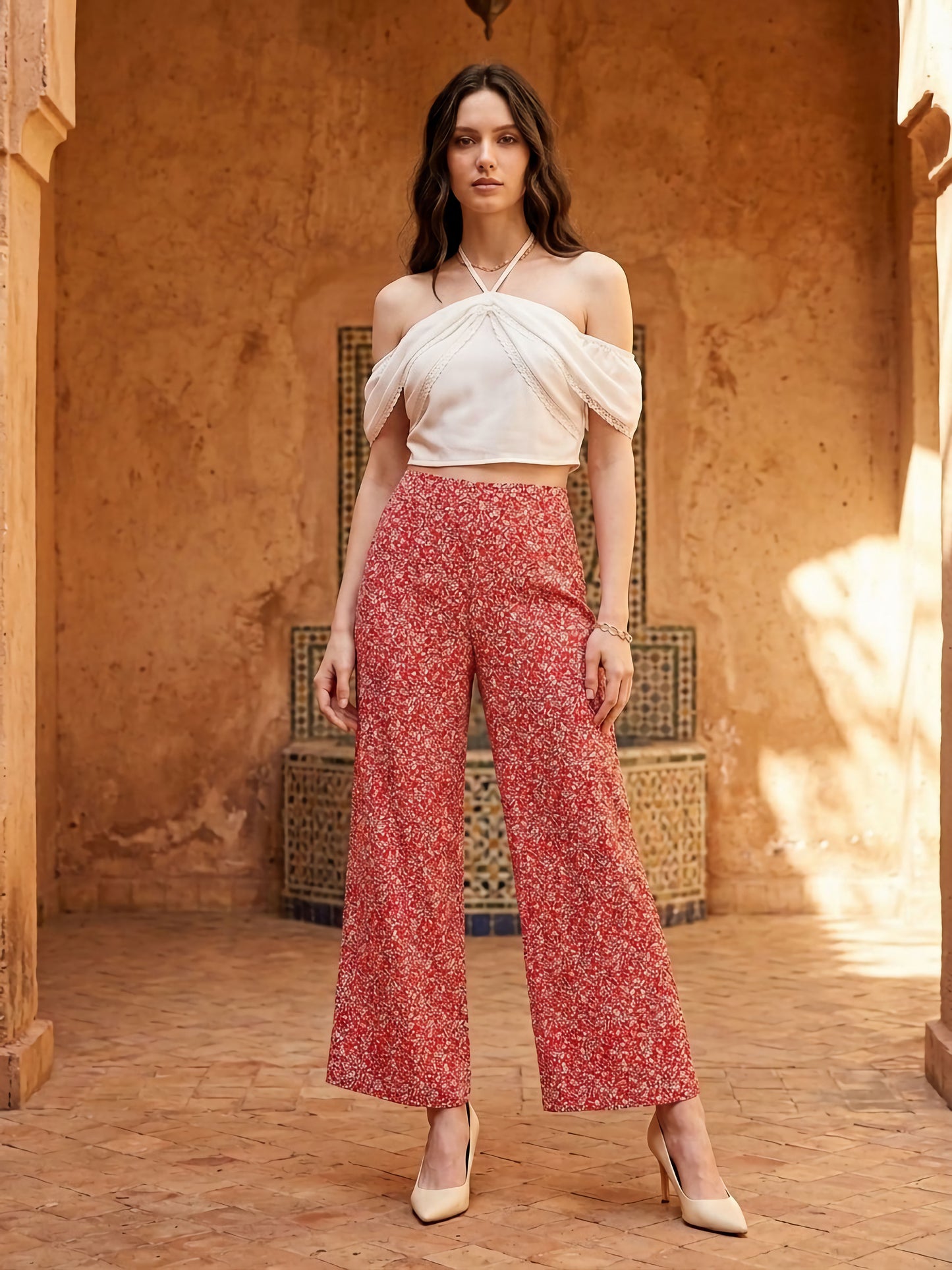 Berrylush Women Red & White Floral Printed Loose Fit High-Rise Waist Relaxed Trousers