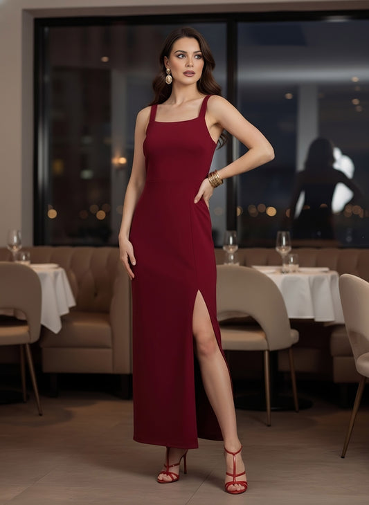 Berrylush Women Solid Red Square Neck Sleeveless Thigh-High Slit Straight Hem Knitted Maxi Dress