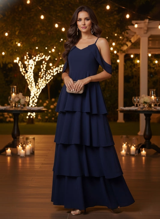 Berrylush Women Solid Navy Blue V-Neck Cold-Shoulder Flounce Hem Layered A-Line Maxi Dress