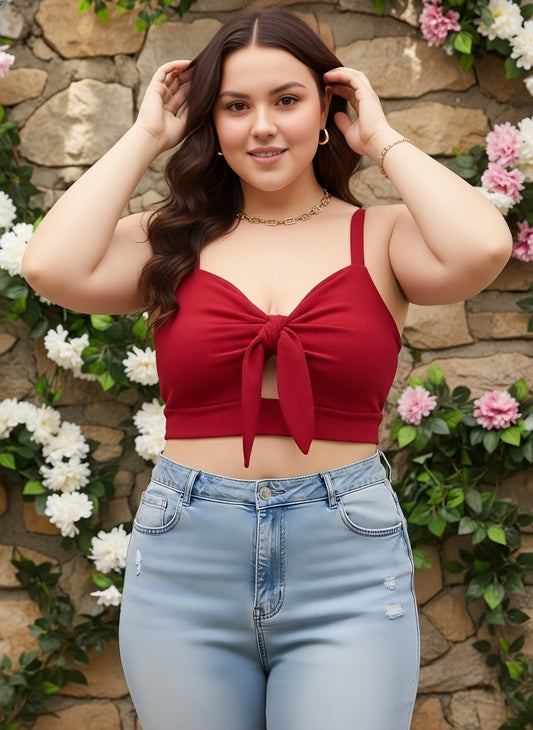 Berrylush Curve Women Red Solid Shoulder Straps Twist Knot Fitted Crop Top