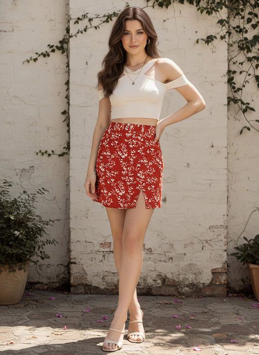 Berrylush Women Red & White Floral Printed High-Rise Waist Front-Slit Straight Hem A-Line Mini Skirt