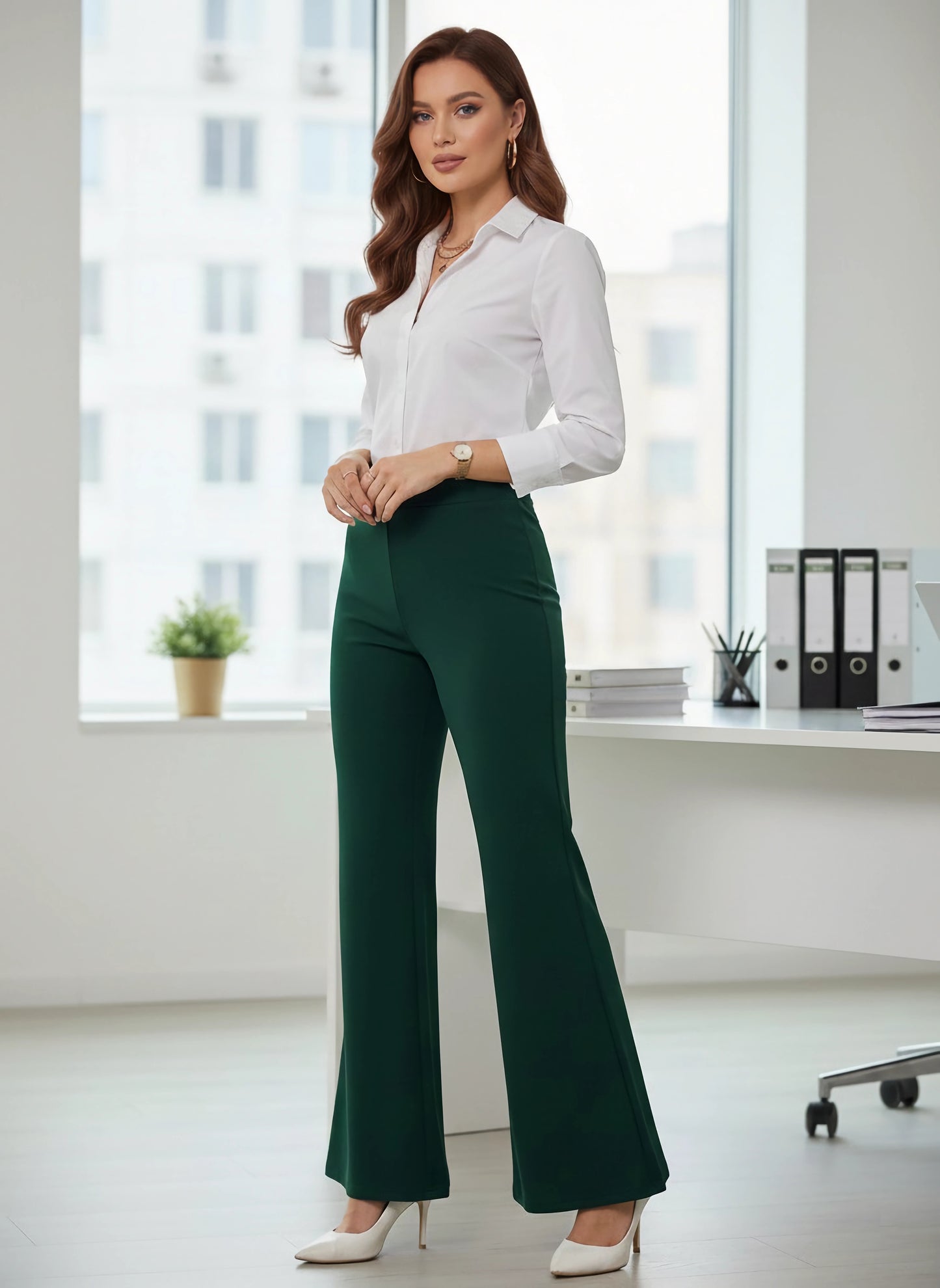 Berrylush BIZwear Women Solid Green High-Rise Waist Flat-Front Pleat Slip-On Wide-Leg Knitted Regular Trousers
