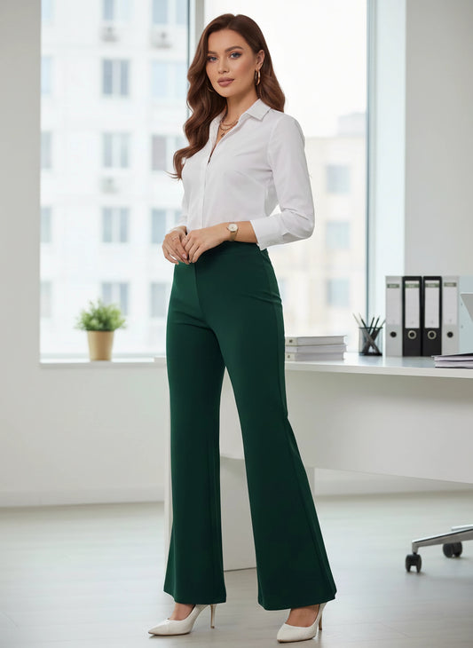 Berrylush BIZwear Women Solid Green High-Rise Waist Flat-Front Pleat Slip-On Wide-Leg Knitted Regular Trousers