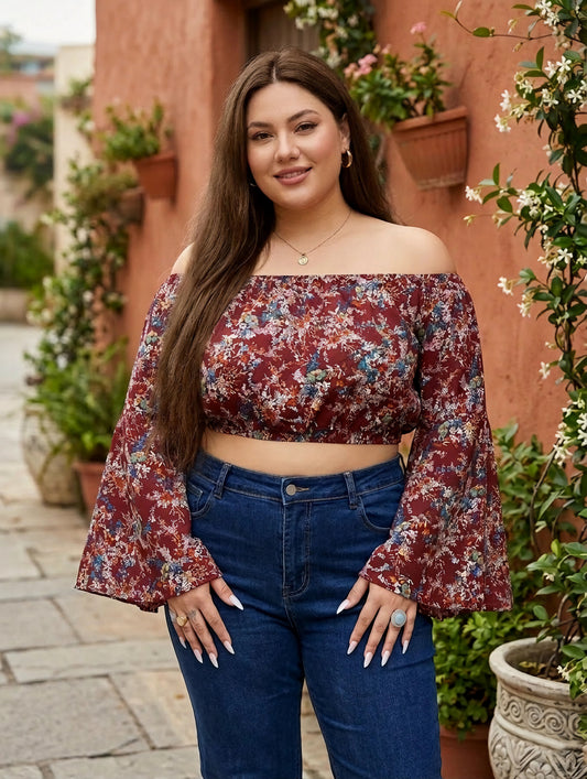 Maroon & White Floral Printed Off-Shoulder Neck Flared Sleeves Cropped Top