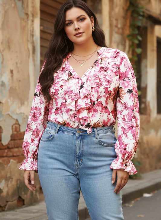 Berrylush Women Plus Size Pink & White Floral Printed V-Neck Button-Up Georgette Ruffled Regular Top
