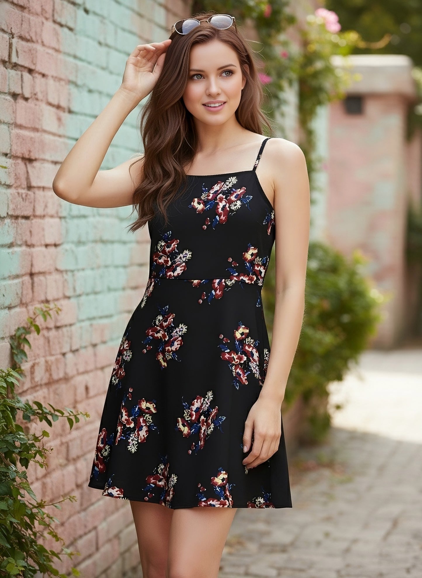 Berrylush Women Black & Red Floral Printed Sleeveless Fit & Flare Mini Dress