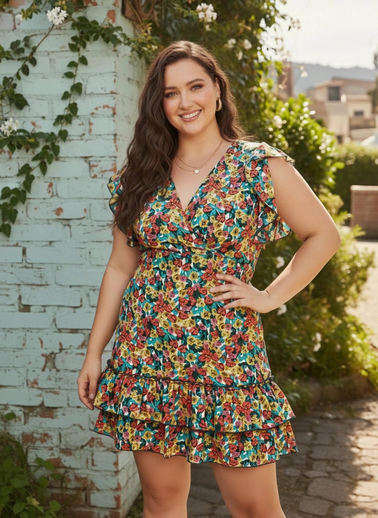 Plus Size Red, Yellow, & Green Floral Printed V-Neck Tie-Up Backless Ruffled A-Line Mini Dress