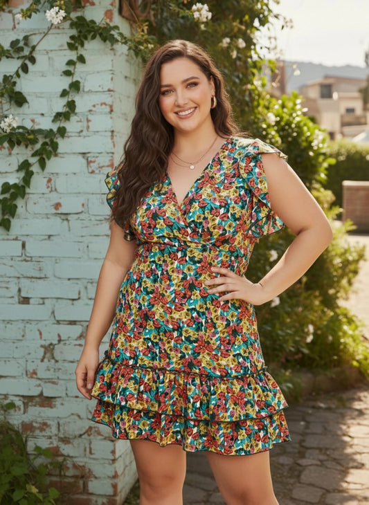 Plus Size Red, Yellow, & Green Floral Printed V-Neck Tie-Up Backless Ruffled A-Line Mini Dress