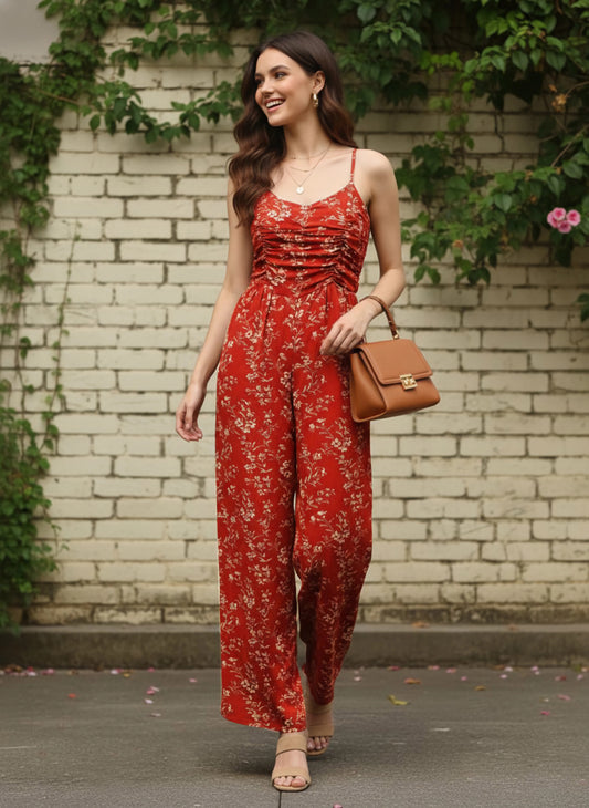 Berrylush Women Red & Off-White Floral Printed Round Neck Sleeveless Gathered Jumpsuit