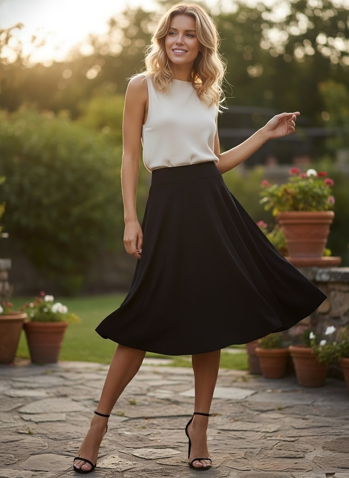 Berrylush Women Solid Black Flared A-Line Midi Skirt
