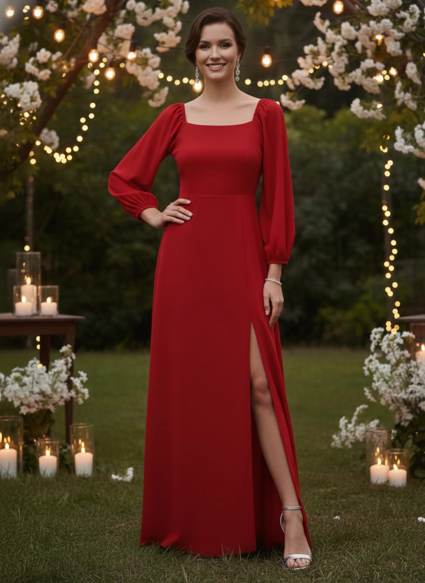 Berrylush Women Solid Red Square-Neck Thigh-Slit Maxi Dress