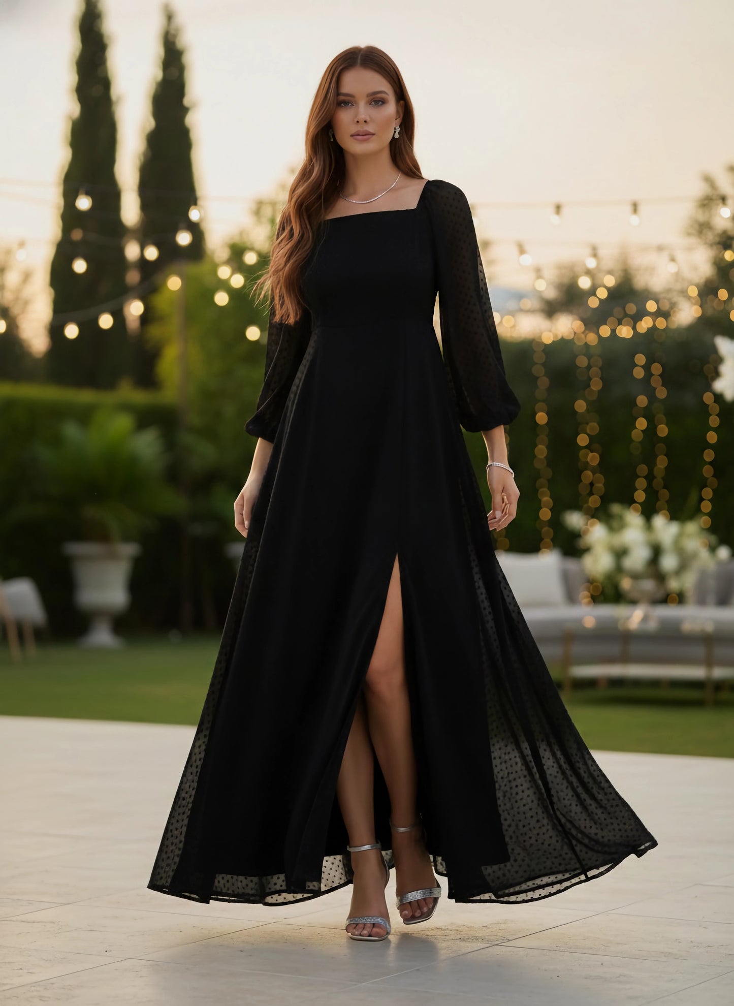 Solid Black Dobby Weave Square Neck Puff Sleeves Thigh-High Slit Flared Maxi Dress