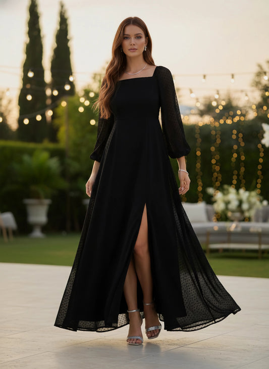 Solid Black Dobby Weave Square Neck Puff Sleeves Thigh-High Slit Flared Maxi Dress
