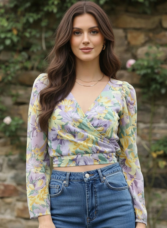 Berrylush Women Purple & Green Floral Print Sweetheart Georgette Wrap Top