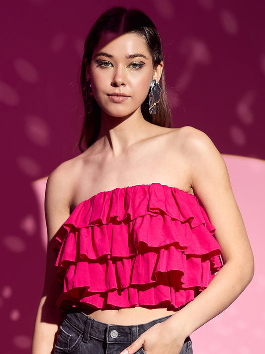 Berrylush Women Solid Pink Strapless Neck Sleeveless Ruffled Detail Layered Crop Tube Top
