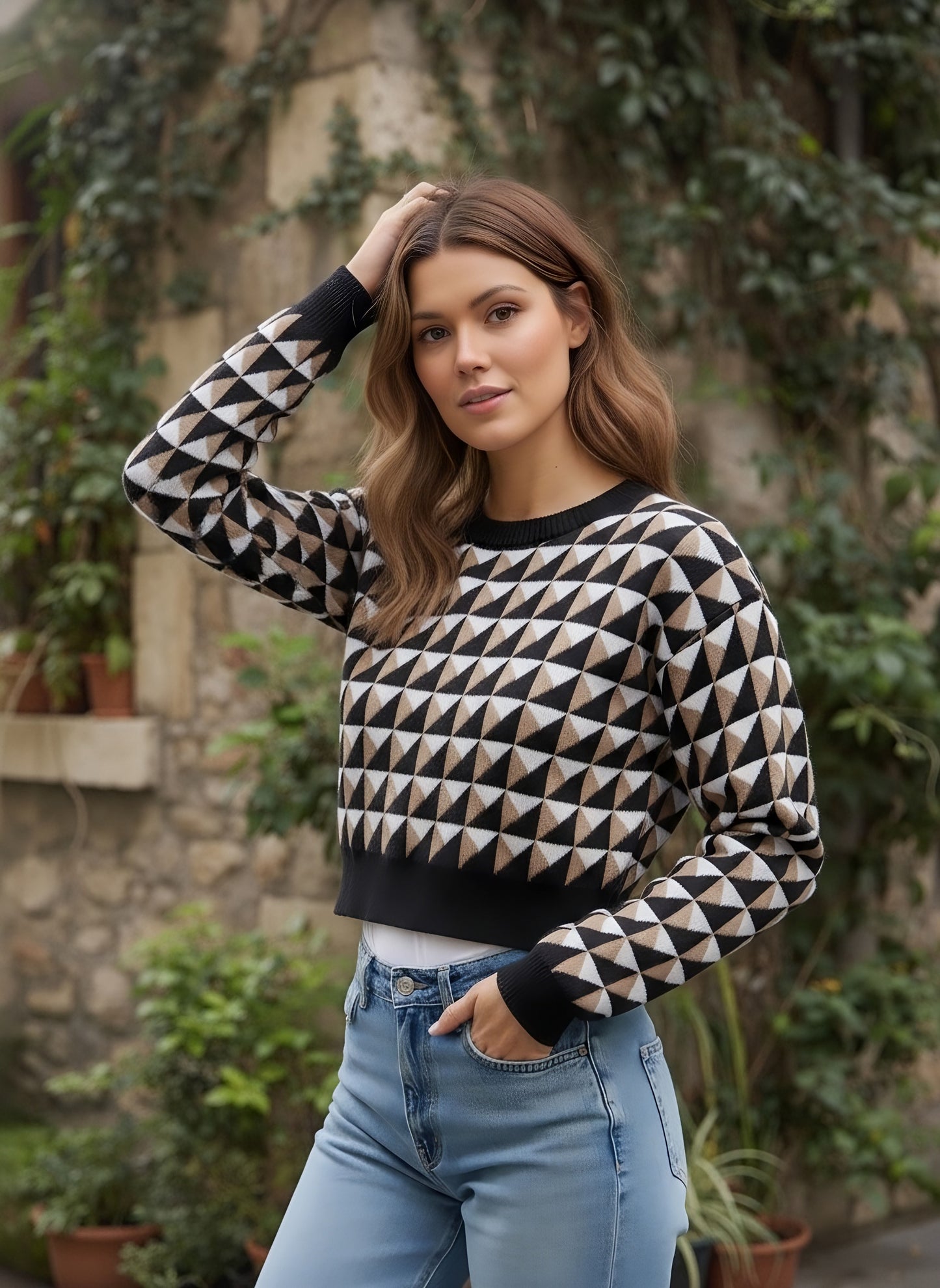 Berrylush Women Black Geometrical Printed Round Neck Drop-Shoulder Sleeves Acrylic Straight Hem Knitted Crop Sweater