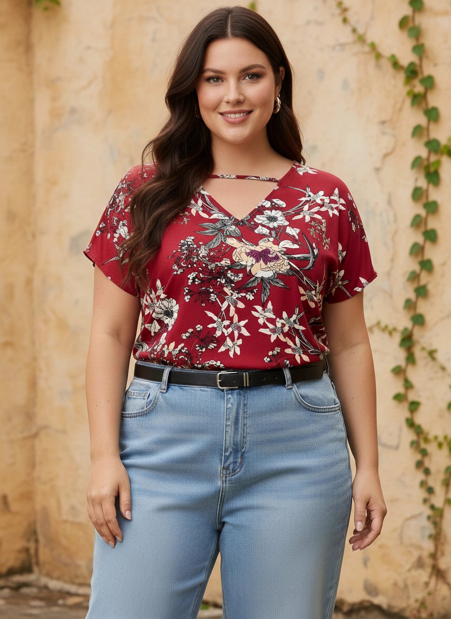Curve Red & White Floral Printed V-Neck Woven Front Single-Strip Crepe Regular Top