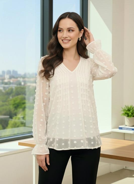 BIZwear White Solid V-Neck Long Sleeve Regular Top
