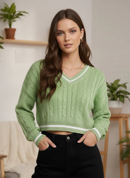 Berrylush Women Green Cable Knitted Pattern V-Neck Acrylic Straight Hem Cropped Pullover