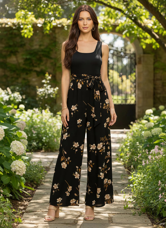 Berrylush Women Black & Yellow Floral Printed Square Neck Sleeveless Scoop Back Waist Tie-Up Wide-Leg Pleated Maxi Jumpsuit