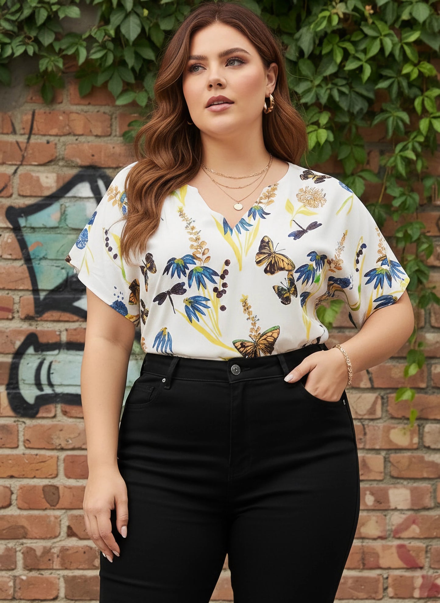 Berrylush Curve Women White & Multicolour Nature Printed V-Neck Short Sleeves Regular Top