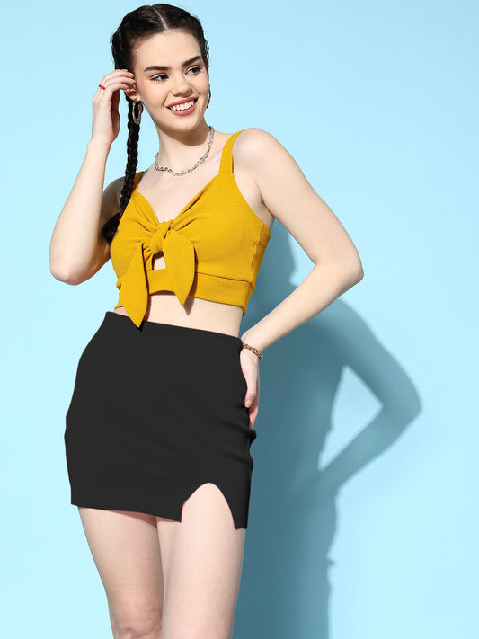 Berrylush Women Solid Yellow Tie-Up Neck Front Cutout Sleeveless Crepe Knitted Crop Bralette Top