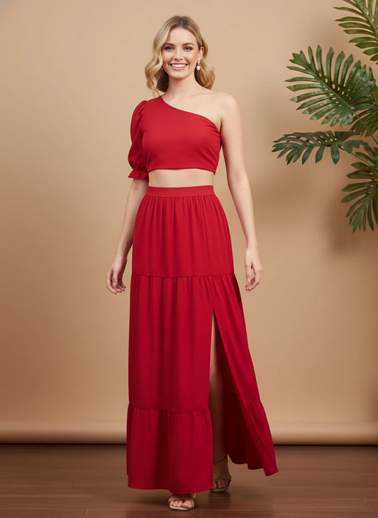 Berrylush Women Solid Red One-Shoulder Neck Puff Sleeves Cropped Top & High-Rise Waist Thigh-High Slit Pleated Maxi Skirt Co-Ord Set