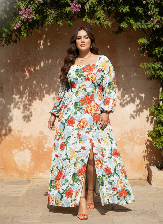 Berrylush Women Plus Size Blue & Orange Floral Printed Square Neck Georgette Thigh-High Slit Flared Maxi Dress